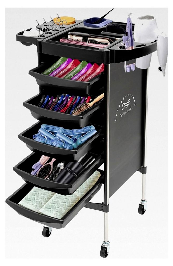 Friseurwagen mit 6 Ebenen, auf Rollen, für Kosmetikstudios und Friseure, schwarz