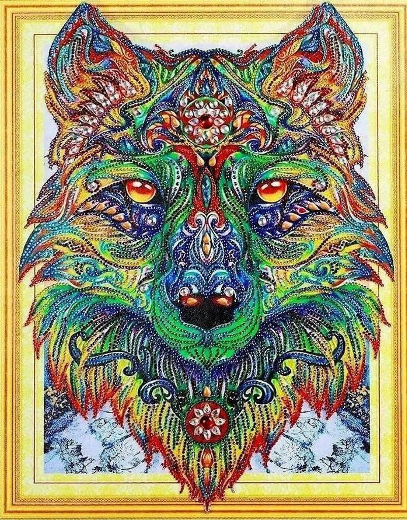 Broderie de diamants Loup 47x57 cm : symboles clairs et strass carrés