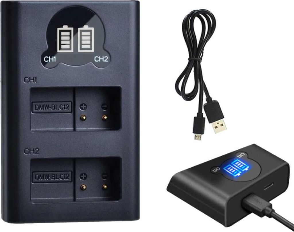 Trade-Shop USB-C Doppel Akku Dual Schnell-Ladegerät für 2 Akkus mit LCD kompatibel mit Panasonic Lumix DMC-FZ300 DMC-G7 DMC-G70H DMC-G70K DMC-G70W