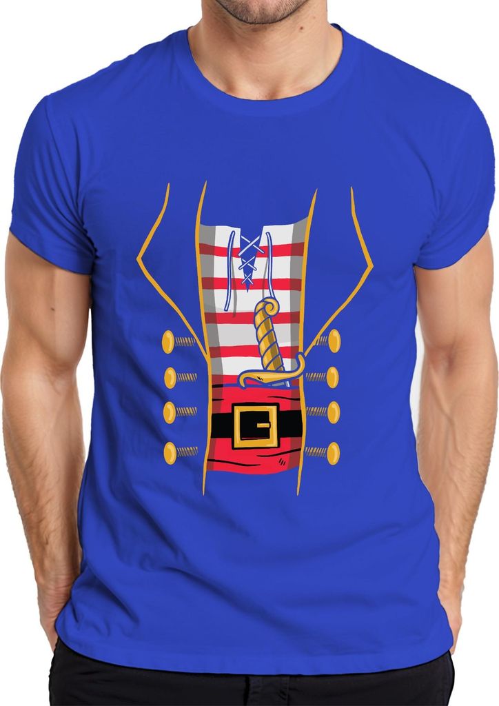 Pirat Korsar Säbel Gürtel gestreift Knöpfe Karneval Vintage Herren T-Shirt, Blau, L