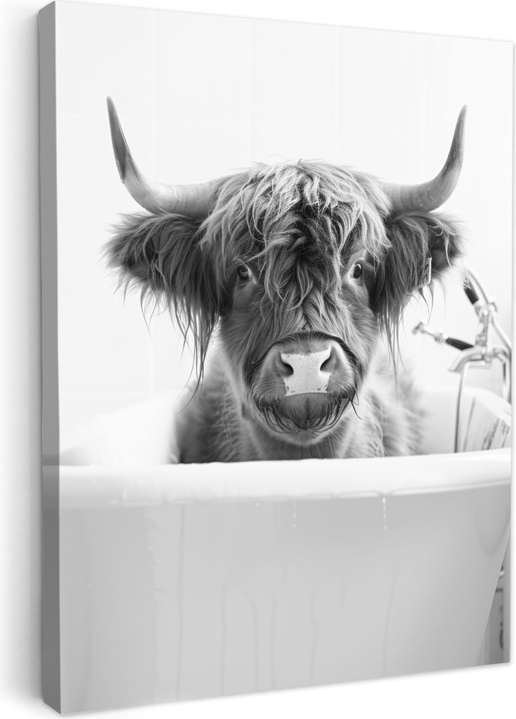 MuchoWow - Leinwandbilder - Schottischer Highlander - Kuh - Bad - Schwarz und weiß, Wandbild, Wanddeko Bilder Wohnzimmer, 60x80 cm