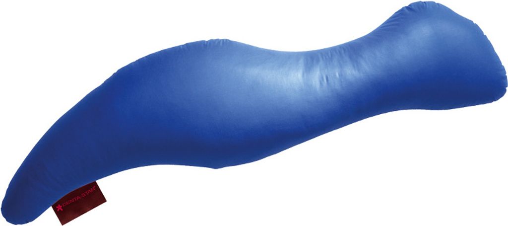 A blue pillow with a unique ergonomic shape, designed for side sleepers. A small red tag is visible on the left end of the pillow.