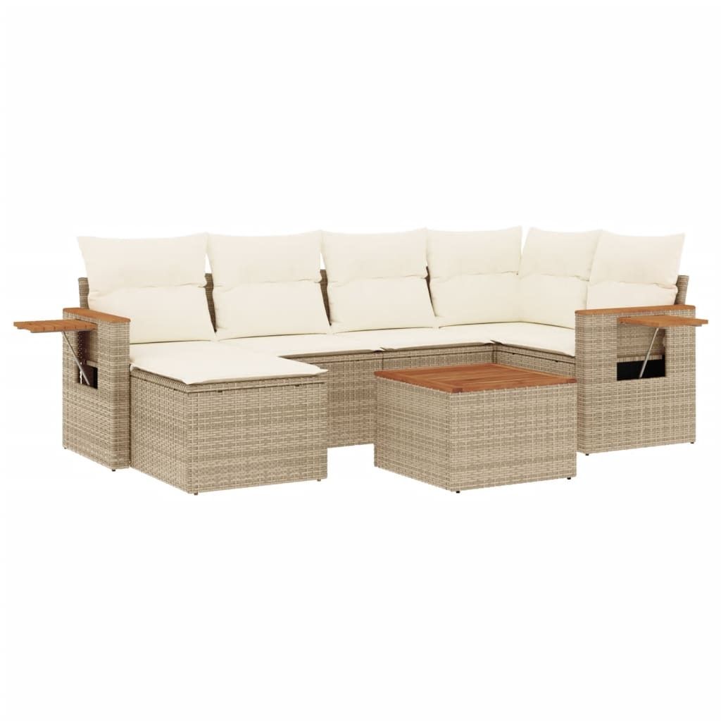vidaXL 7-tlg. Garten-Sofagarnitur mit Kissen Beige Poly Rattan