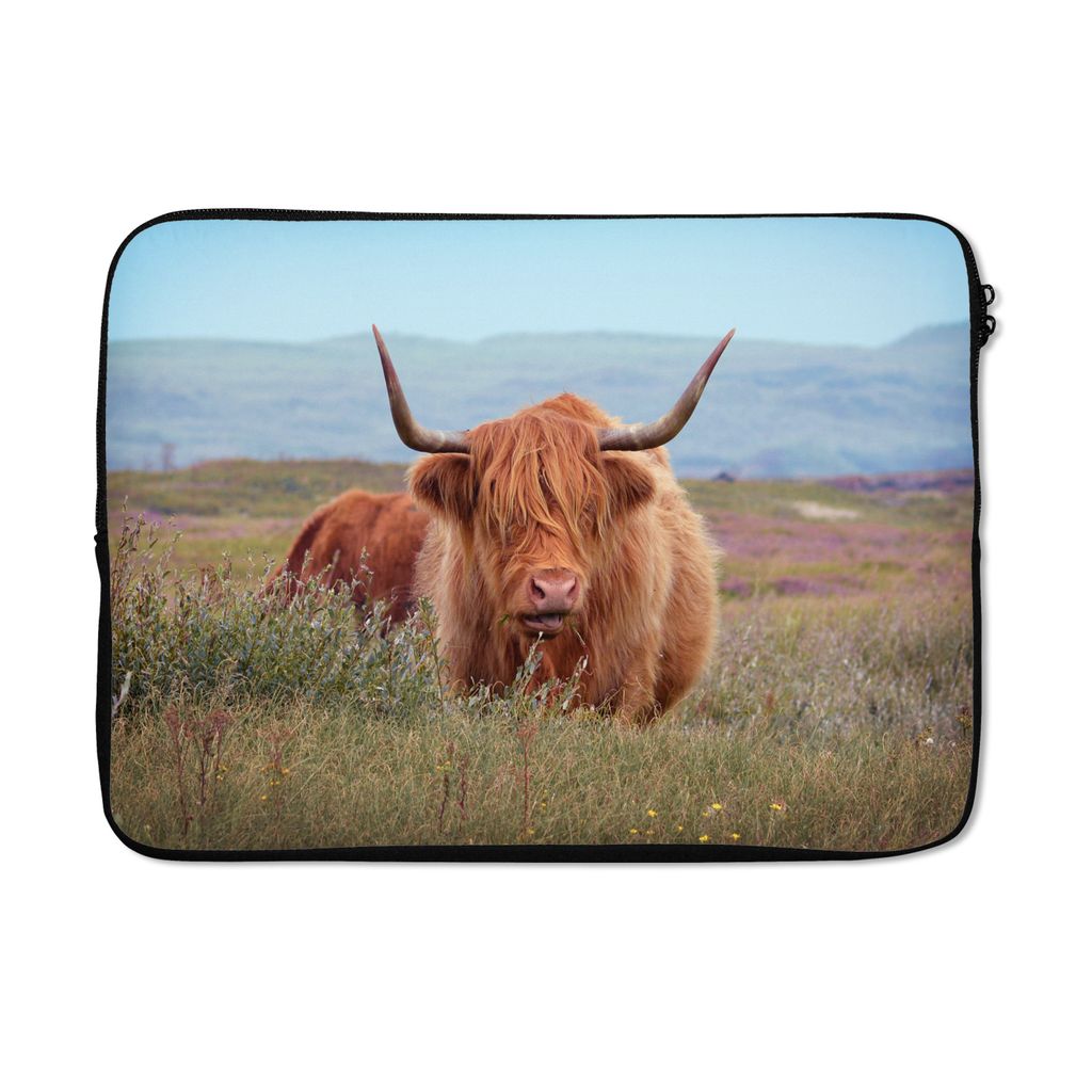 MuchoWow Laptop Hülle 13 Zoll Kühe - Schottische Highlander - Blumen Laptoptasche - Laptophülle - Sleeve - Rundumschutz