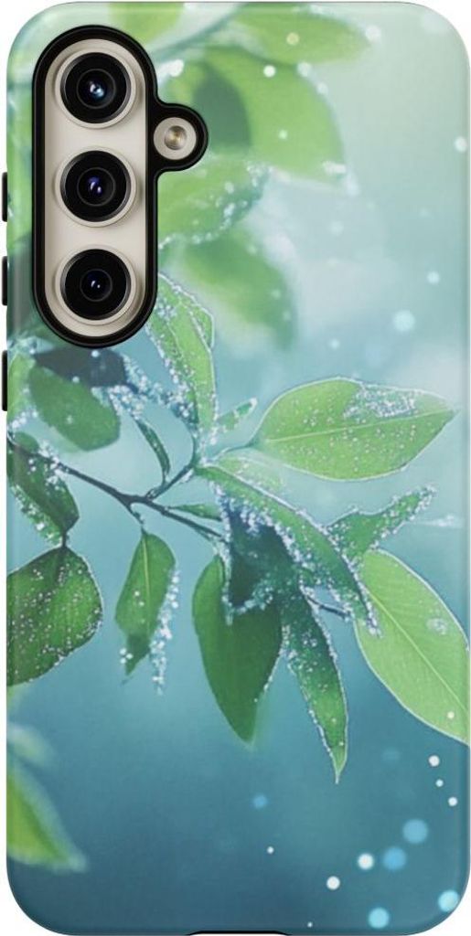 Frische grüne Blätter mit Tautropfen und sanftem Bokeh – Hülle Kompatibel mit Galaxy S24 Plus