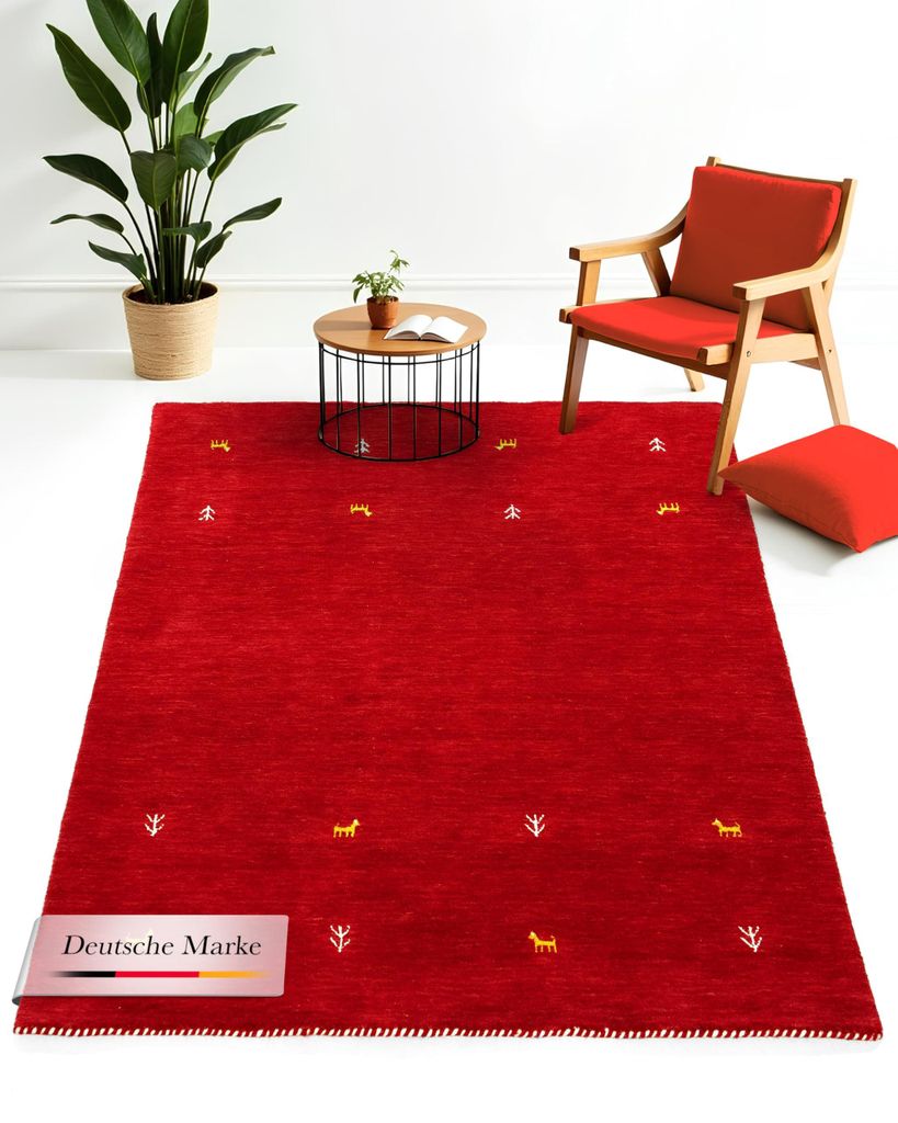 Wollteppich Gabbeh Uni Rot 60x90 cm | Moderner Teppich für Produktbild 