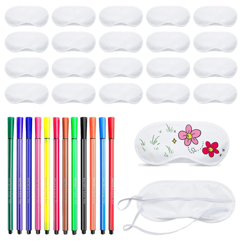 20-teiliges Schlafmasken-Set, weiße DIY-Augenmasken mit 12 Buntstiften, bemalbare Schlafmasken aus Polyester, Pyjama-Party-Dekoration, Übernachtu...