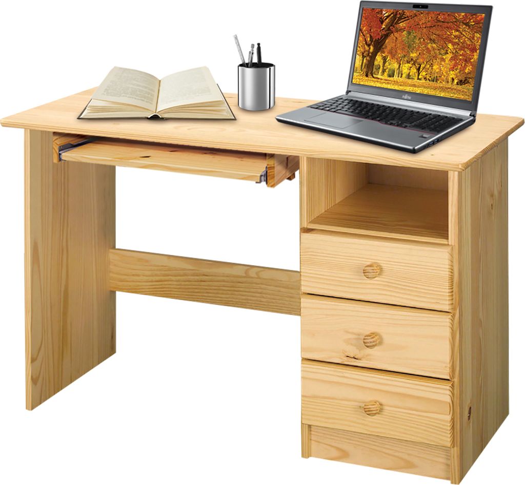 A wooden desk with a laptop, an open book, and a pen holder.