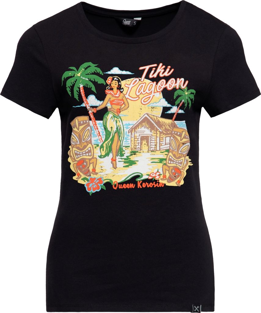 QUEEN KEROSIN Print T-Shirt Mit Hawaiianischem Artwork Tiki Lagoon Schwarz Xs