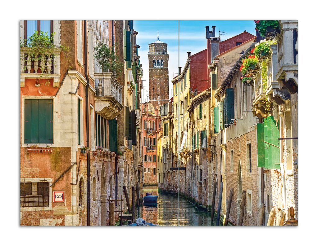 Wallario Herdabdeckplatte aus Glas, Größe 70 x 52 cm 2-teilig, Motiv Urlaub in Venedig Kanal zwischen bunten Häusern