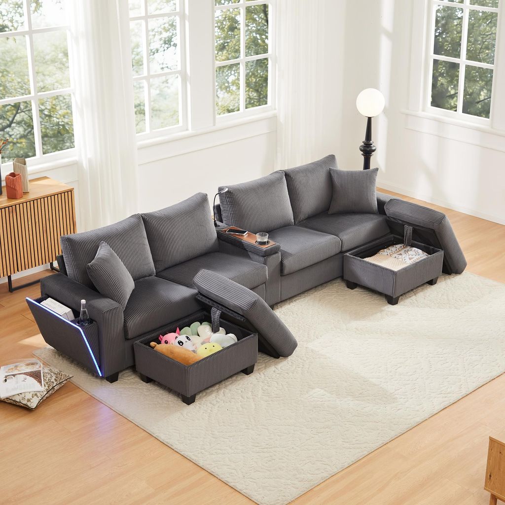 MODFU U-förmiges Cord-Sofa mit 2 Hockern,Ecksofa mit Getränkehalter & USB/Type-C,Wohnzimmersofa mit dekorativer LED-Beleuchtung,Sitzgruppe,Grau