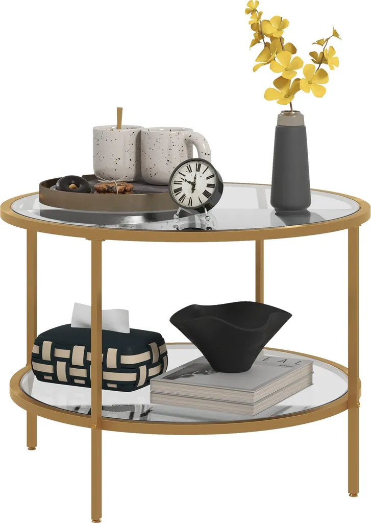 HOMCOM Table d'appoint ronde dorée avec tablette de rangement en acier