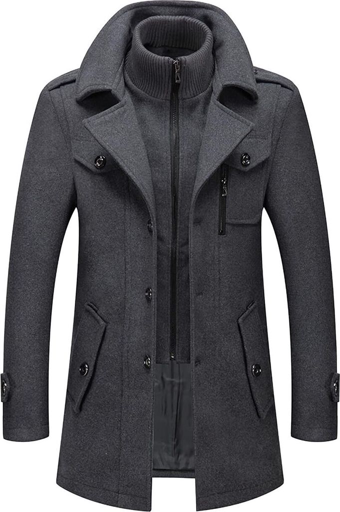 Herren Wintermantel, Slim Fit Zweiteiliger Mantel für Business und Freizeit, Wollmantel mit Stehkragen Peacoat und Warmer Integrierter Innenjacke,...