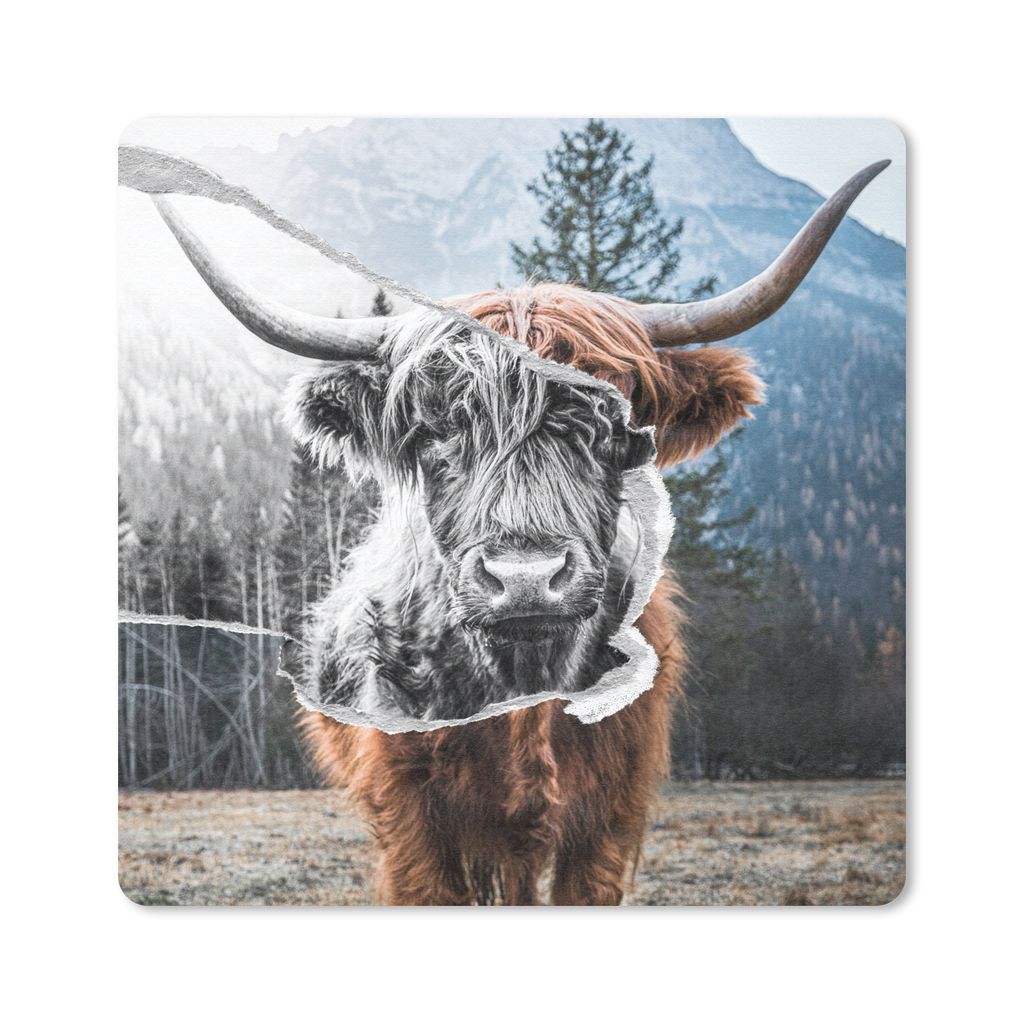 MuchoWow Mauspad Mousepad Tiere - Schottischer Highlander - Stier 20x20 cm - Mousepads - Maus Mat - Pad - Mausunterlage - Desk Mat - Bureauartikeln