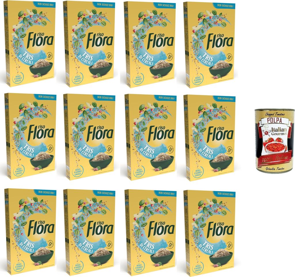 Flora Riso Tre Cereali Riso,Orzo,Farro Drei Getreidereis, Gerste, Dinkel 12x800gr + Italian Gourmet polpa 400g
