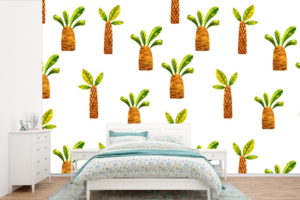 MuchoWow Fototapete für Wohnzimmer oder Schlafzimmer Wandtapete Vinyl Motivtapete Palmen - Dschungel - Weiß - 450x300 cm - Gemusterte
