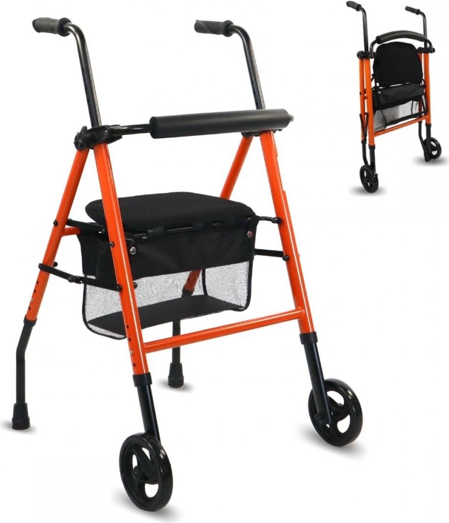 Mobiclinic, Gehhilfe, Nerón, , Rollator, 2 Vollgummireifen, Höhenverstellbar, Mit Sitz und Rückenlehne, Korb, Aus Stahl, Stabil, Schmal, Orange