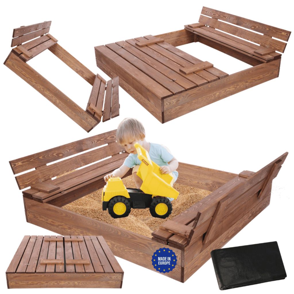 MODO24 Sandkasten Holz, mit Deckel, Sitzbänken, Holzsandkasten, Kinder Gartenspielzeug, Outdoor, 120x117 cm, Braun Imprägniert, PIA