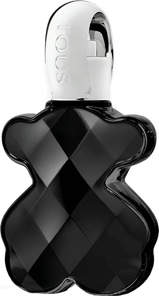 A black perfume bottle shaped like a bear with a silver cap.