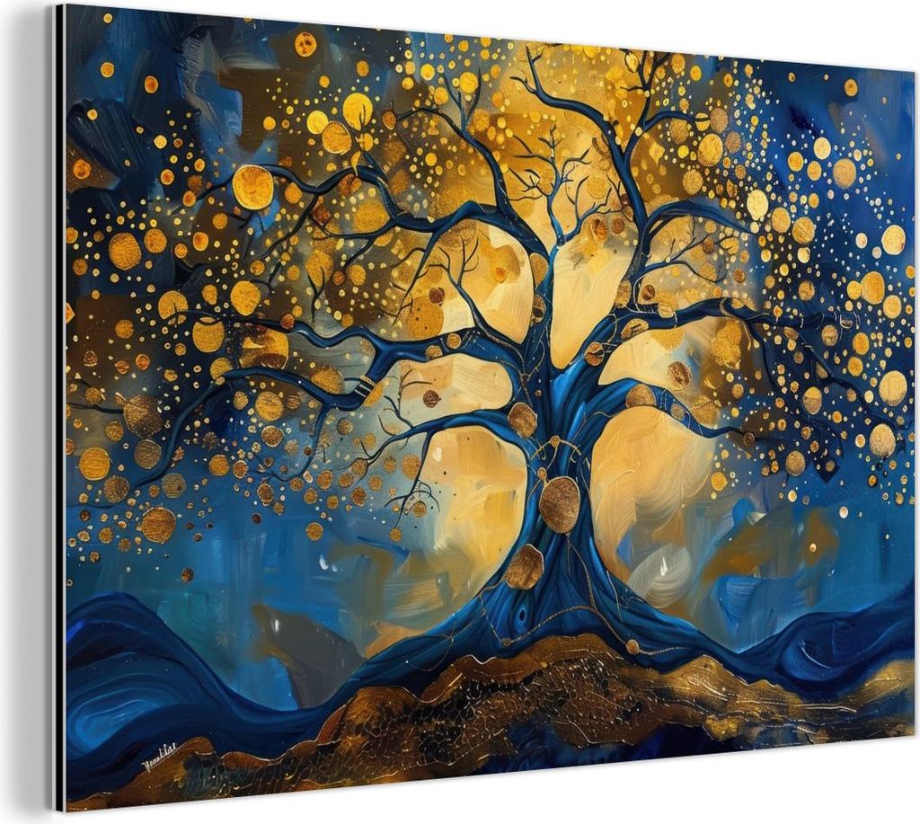MuchoWow Wanddekoration Metall Metallbild Wandkunst 30x20 cm Baum - Baum des Lebens - Blau - Gold MuchoWow Aluminium Gemälde - Aluminiumgemälder