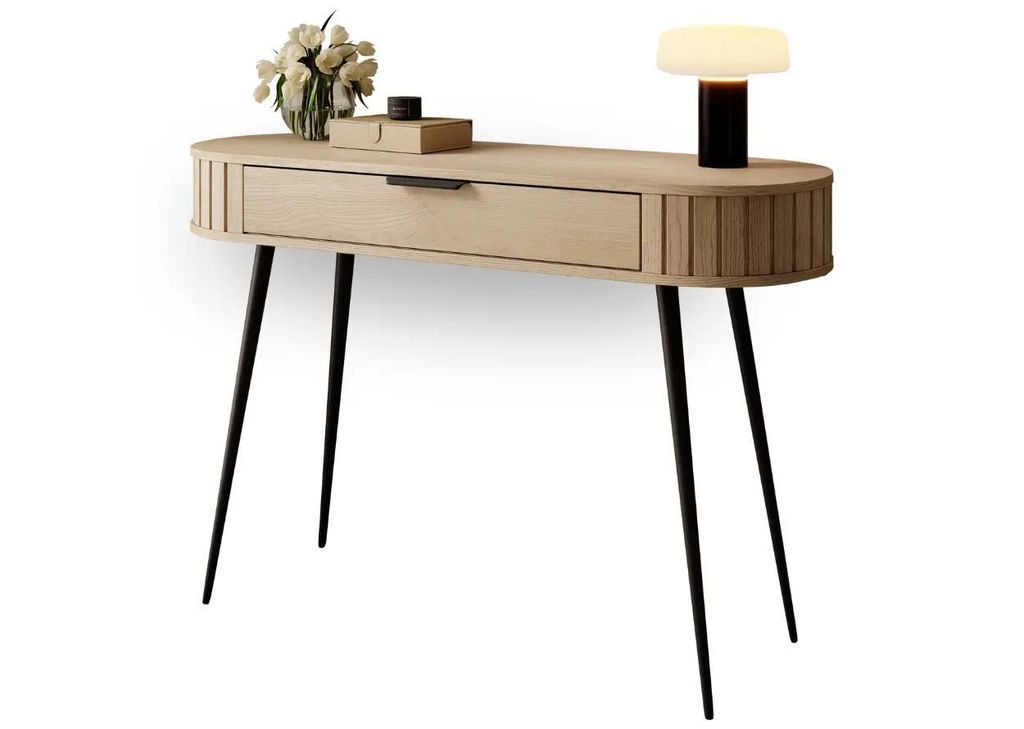 Schminktisch LOVI – Eleganter Frisiertisch mit gerillten Fronten | Eiche Cremona | Schubladen & Metallfüße