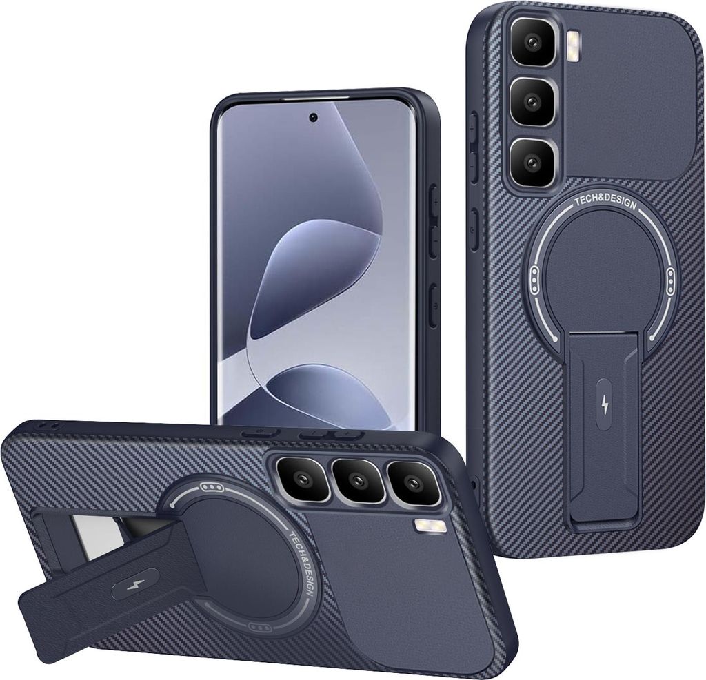 Hülle für Infinix Hot 60 Pro+ Magnetisch Carbonfaser Design TPU Hybrid Handyhülle mit Ständer Blau