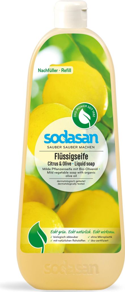 A bottle of liquid soap with lemons and leaves on the label.