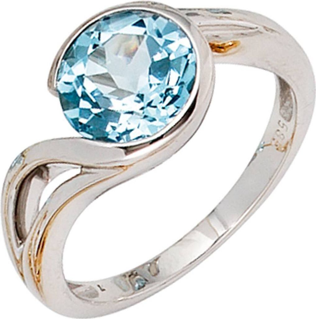 JOBO Damen Ring 585 Gold Weißgold 1 Blautopas Goldring Größe 58