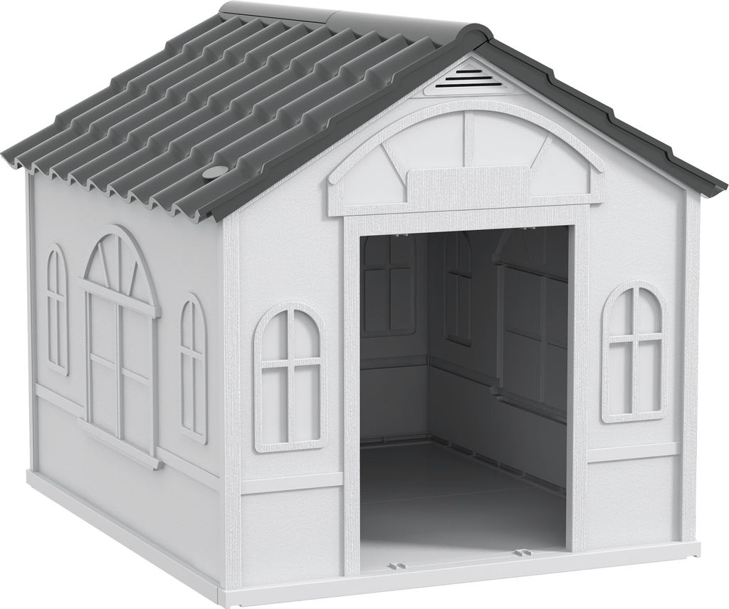 Hundehütte, Hundehaus mit Satteldach, wetterfest Kleintierhaus für mittelgroße Hunde unter 20 kg, Hundehütte Outdoor, 65 x 75,7 x 63 cm, Grau, ...