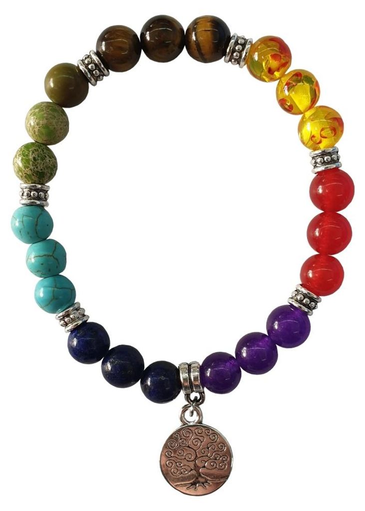 Armband "Lebensbaum" Chakra Edelstein-, Resin-, und Glasperlen mit Metall Anhäng