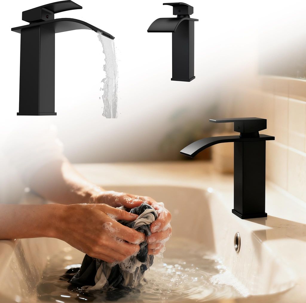 A collage of black faucets and a person washing clothes in a sink.