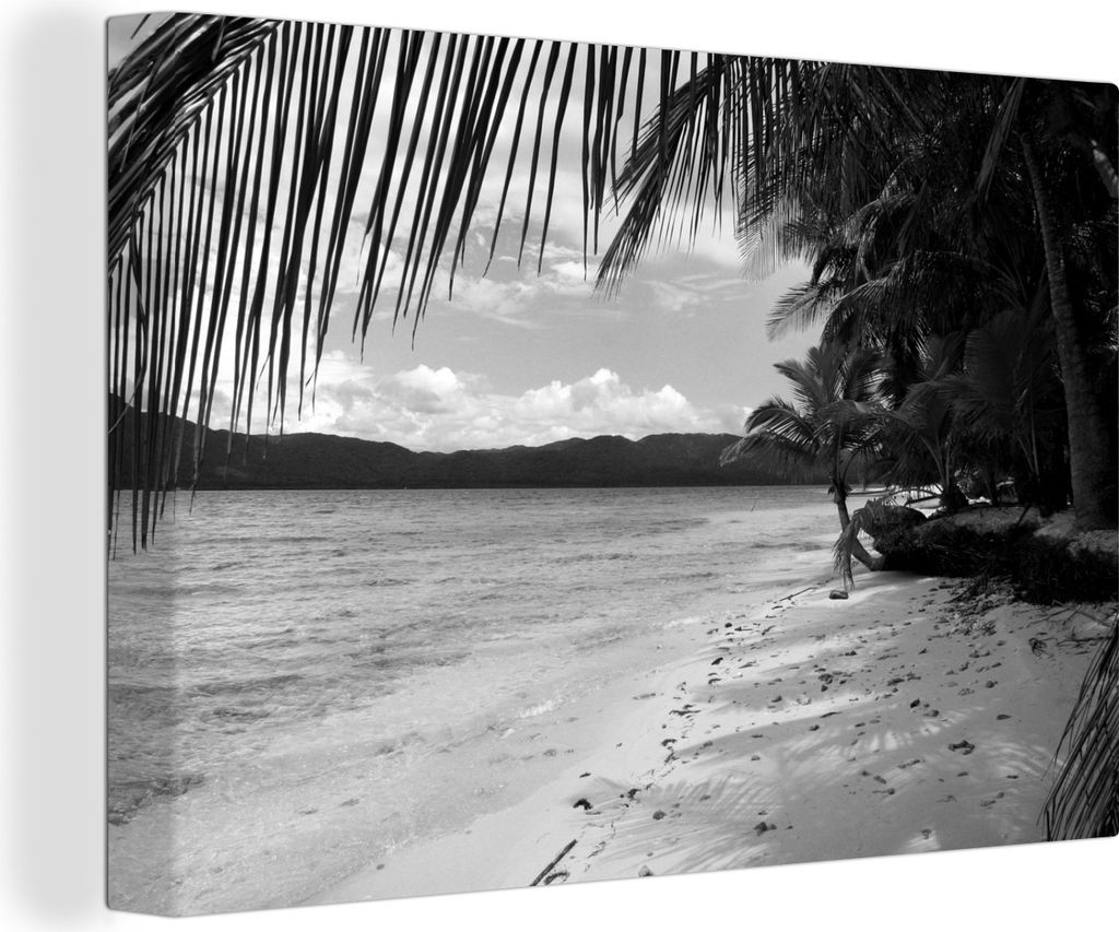 OneMillionCanvasses - Leinwandbilder - 140x90 cm, Strand und Palmen auf den San-Blas-Inseln bei Panama - schwarz-weiß, Wandbilder Kunstdruck Wan...