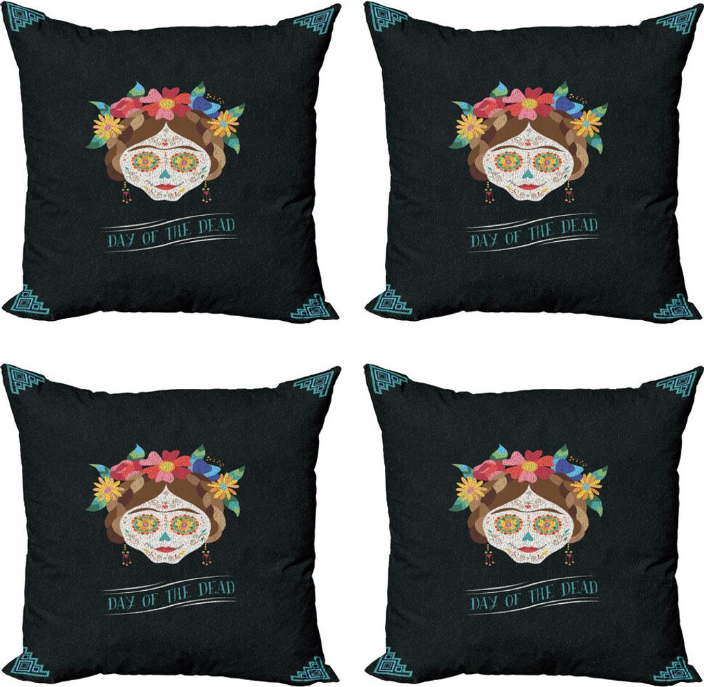 ABAKUHAUS Tag der Toten Kissenbezug Set (4 Stück), Hispanic Make-up, Moderner Doppelseitiger Digitaldruck, 40 cm x 40 cm, Mehrfarbig