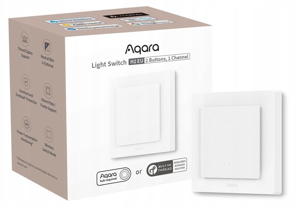 Aqara Light Switch H2 EU, Bezprzewodowy, Bluetooth / Wi-Fi, Zdjęcie produktu 