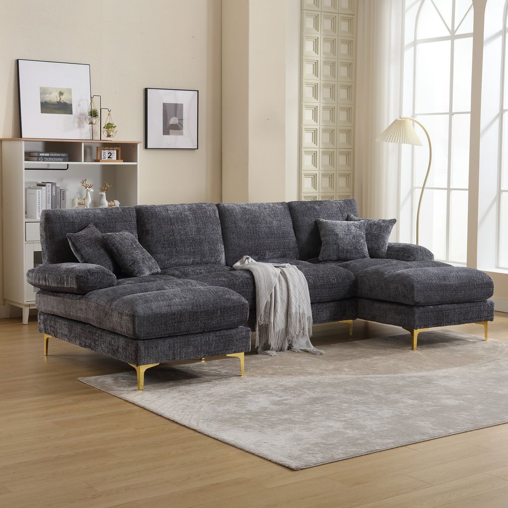 LVHOM Ecksofa U-Form, Sofagarnitur mit goldenen Metallbeine, Wohnlandschaft Couch Sofa Couchgarnitur Eckgarnitur, 4 Sitzer, 272x88x136 cm, Grau