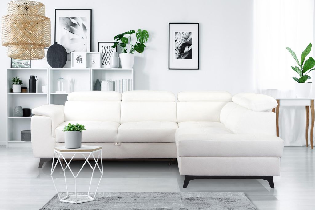 Masseno Ecksofa VOLA mit Schlaffunktion L-Form, Sofa mit Bettkasten, Wohnzimmersofa, Couch, Soffa, Bettsofa, Couchgarnitur- Weiß, BUBBLE 1