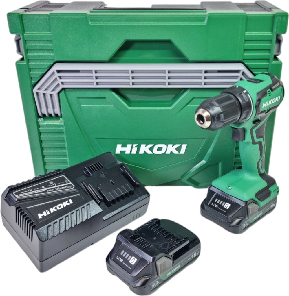 A cordless drill set with a case, charger, and batteries.