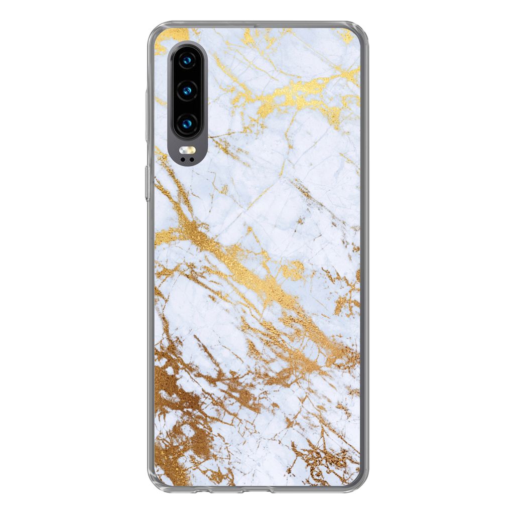 MuchoWow Handyhülle Schutzhülle Hülle für Huawei P30 Marmor - Gold - Weiß - Luxe - Marmoroptik - Glitzer Silikon Softcase Handy Hülle - Kar...