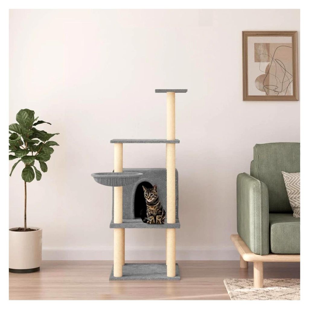 Kratzbaum mit Sisal-Kratzsäulen in Hellgrau, 132 cm, Katzenmöbel, Kratztonne für Katzen, Aktivitätskratzbäume, Katzenzubehör