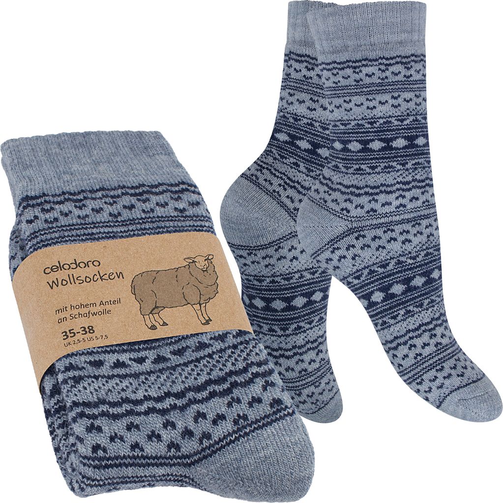 Celodoro Damen & Herren Frottee-Wollsocken mit Muster (1 Paar) - Hellgrau mit Navy 39-42