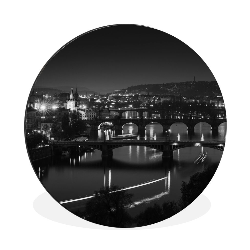 MuchoWow® Aluminium Wandkreis Prag - Nacht - Schwarz - Weiß Produktbild 