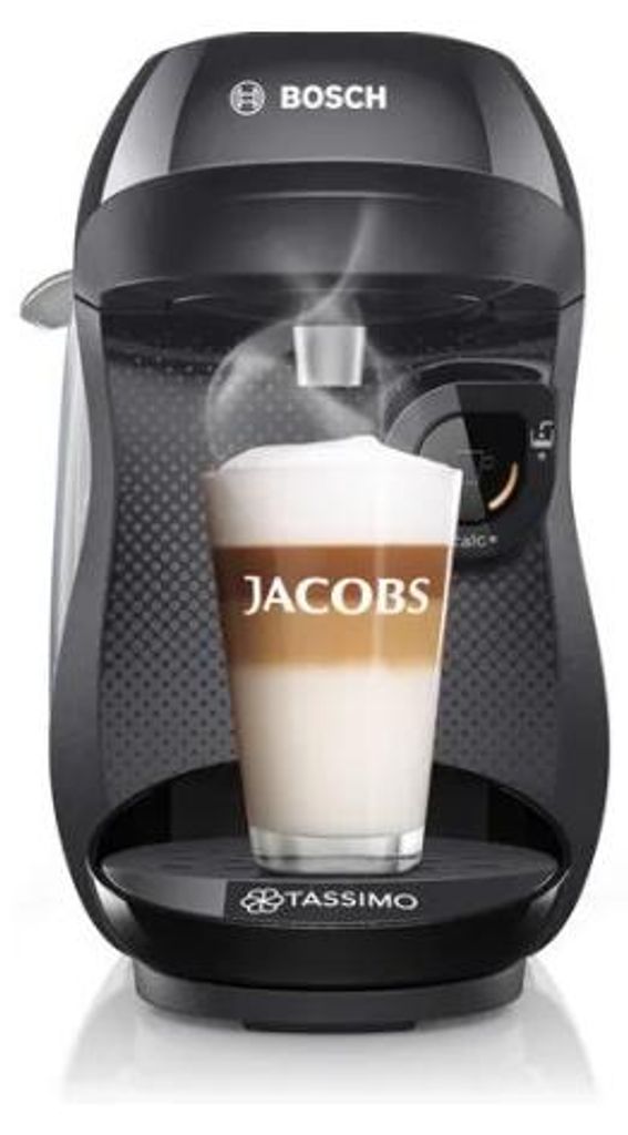 A Bosch Tassimo coffee machine is shown with a latte in a glass in front of it.