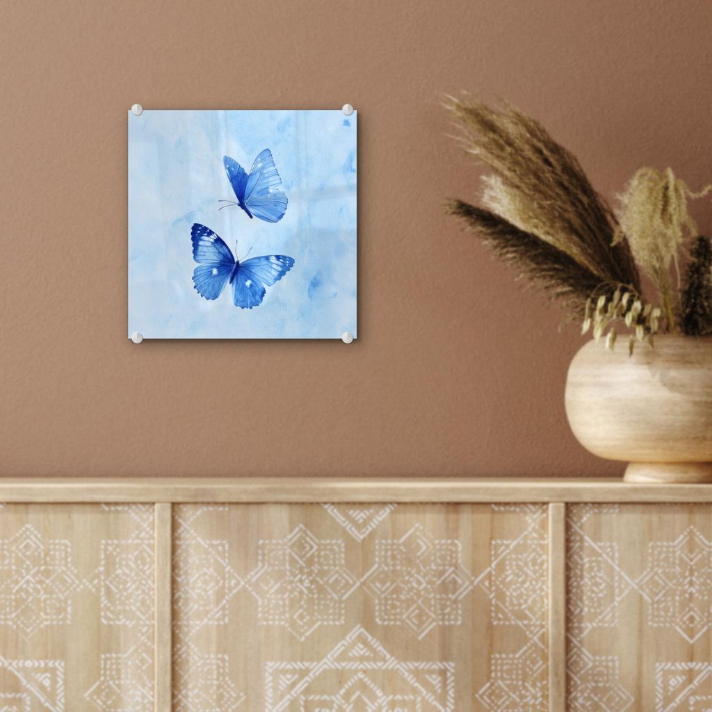 MuchoWow Glasbilder - Bilder auf Wandbild - Foto auf Glas Schmetterlinge - Ornamental - Blau 40x40 cm Wanddekoration aus Glas - Acrylglasbild - Acr...