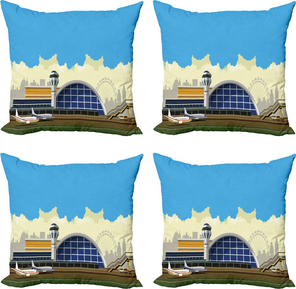 ABAKUHAUS Flughafen Kissenbezug Set (4 Stück), Airfield Gebäude und Stadt, Moderner Doppelseitiger Digitaldruck, 60 cm x 60 cm, Mehrfarbig