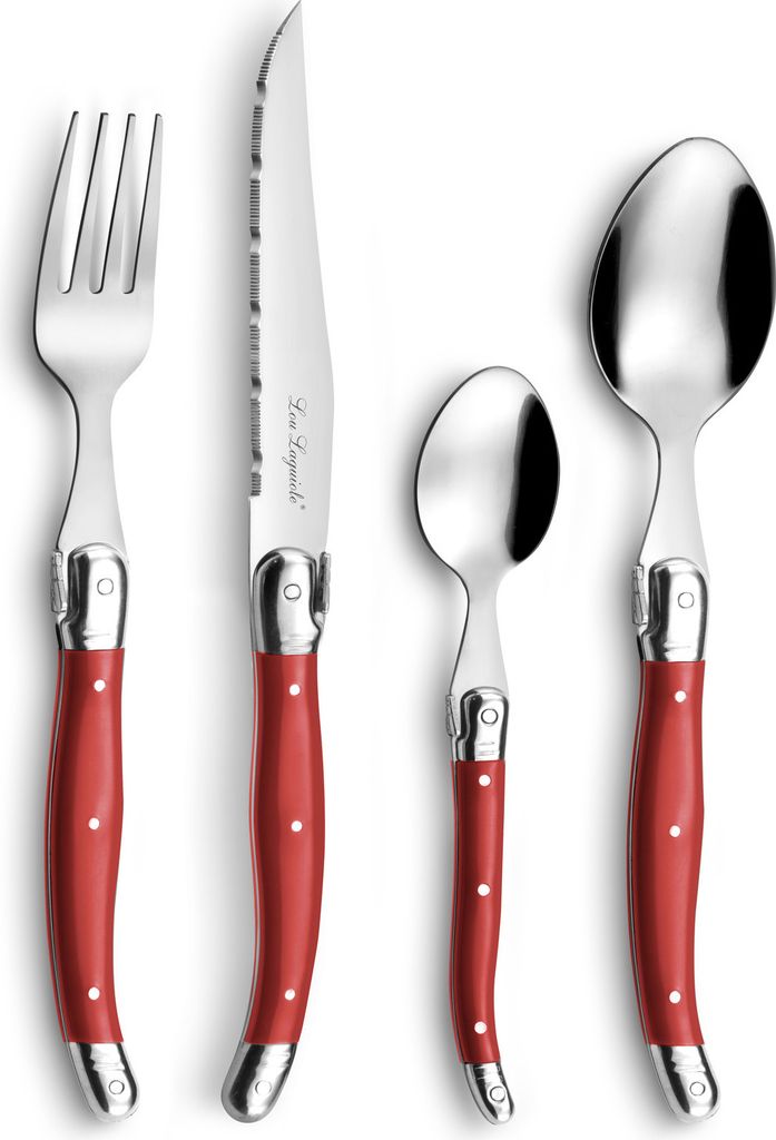 A set of four red-handled cutlery pieces arranged on a white background.