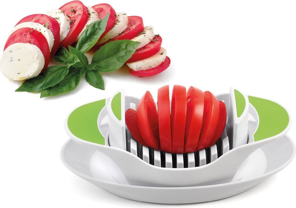 A tomato slicer with a sliced tomato and a caprese salad.