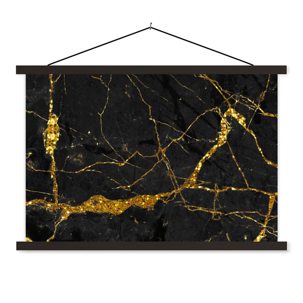 MuchoWow Textilposter Marmor - Gold - Schwarz - Marmoroptik - Luxe - Glitzer 90x60 cm mit schwarzem Rahmen - Aufhängungssatz