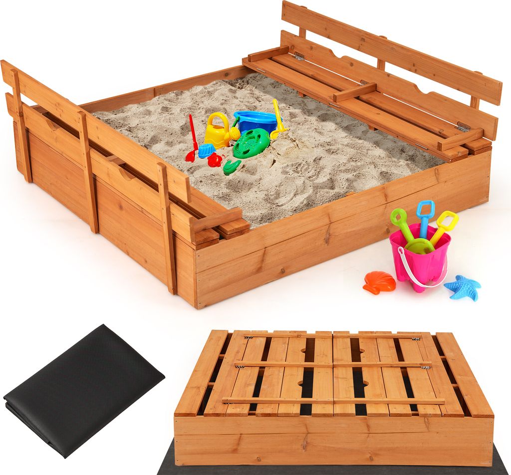 COSTWAY Sandkasten aus Holz mit Deckel, Sandkiste mit klappbaren Sitzbänken und Bodenauskleidung, abdeckbare Buddelkiste Kinder ab 18 Monaten