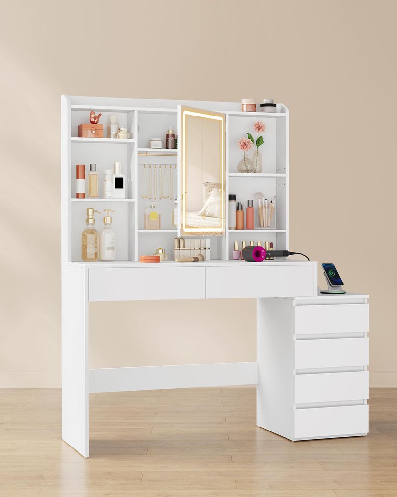 VASAGLE Frisiertisch, Kosmetiktisch mit Ladestation, Spiegel, LED-Licht, Schubladen, 40 x 124,7 x 145 cm, weiß