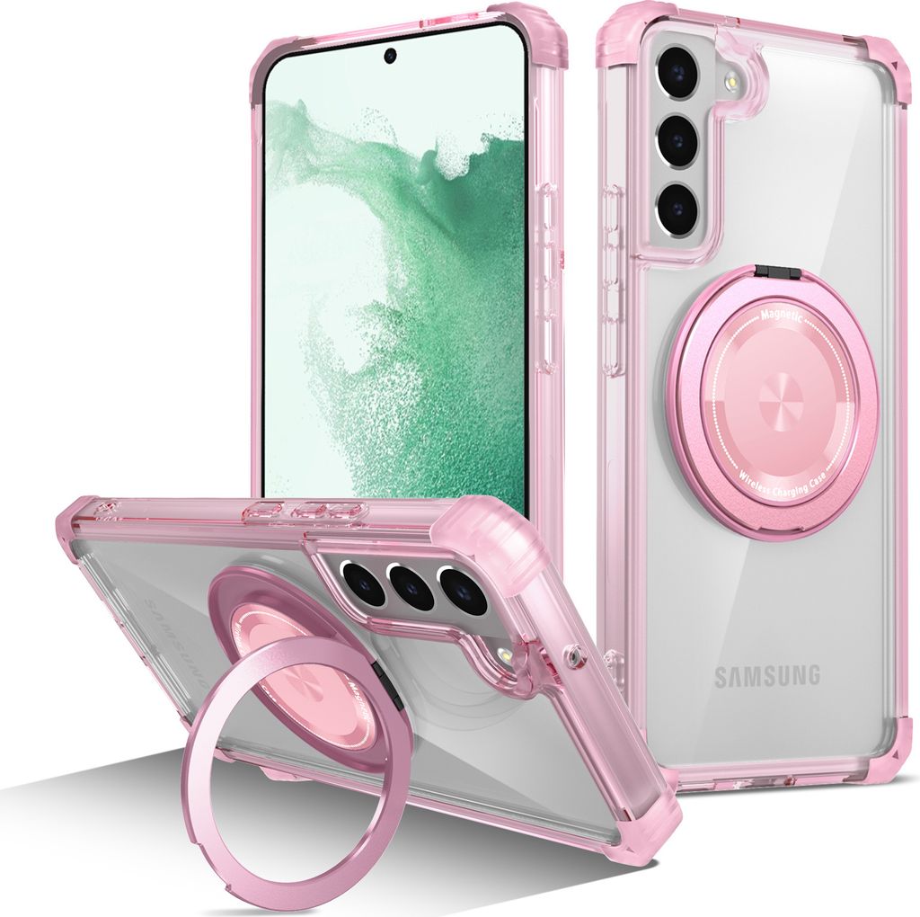 Handyhülle für Samsung Galaxy S22+ 5G Magnetisches Ringhalter Ständer Kompatibel mit Magsafe Militärschutz Transparente Hülle Pink
